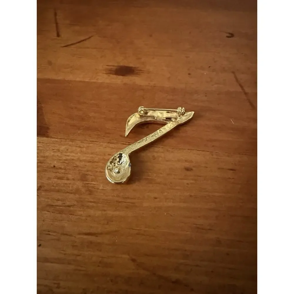 Vintage Gold Tone Musical Note Brooch Rhinestone Eighth Note Music Lover Pin